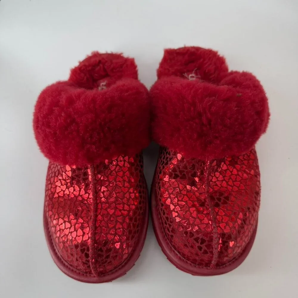 UGG Kids Red Sheepskin Slippers Sequin Heart Cozy Slide Youth 2